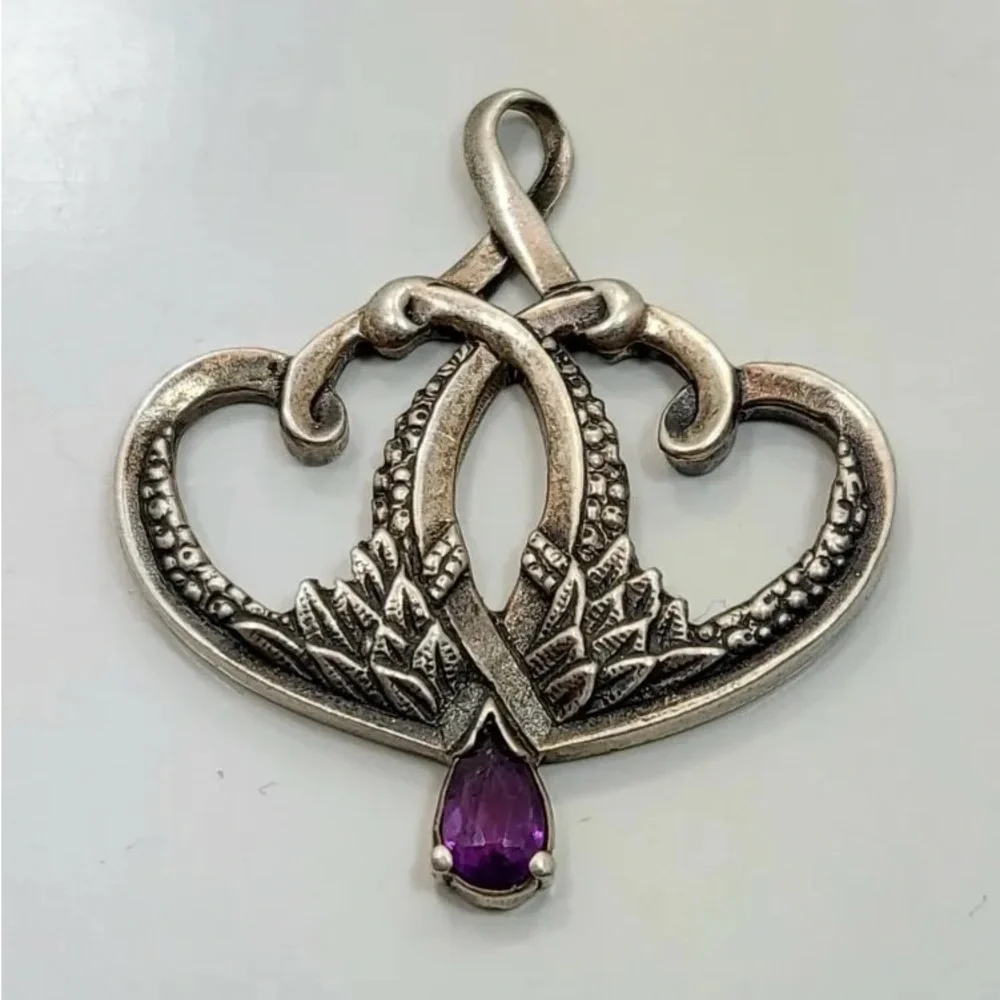 GRADH Franklin Mint Double Heart Necklace Pendant Sterling 925 Amethyst 1983 - Picture 1 of 5